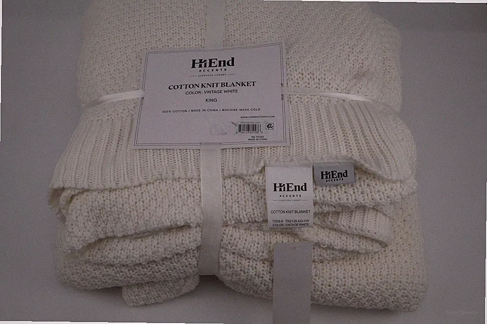 HiEnd Accents Cotton Knit Blanket King Vintage White New Soft Luxury Throw