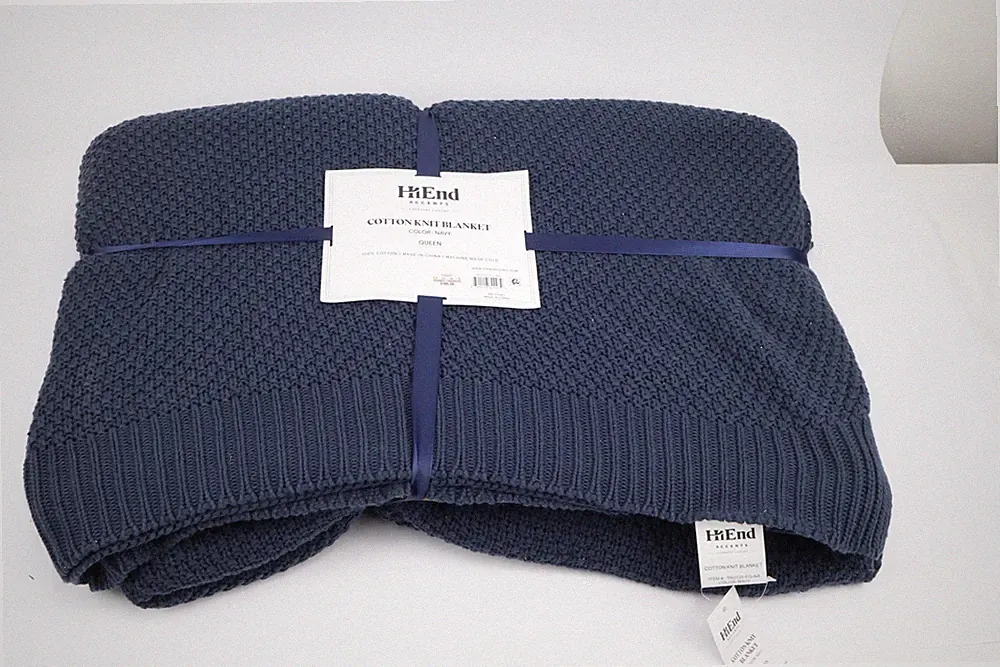 HiEnd Accents Cotton Knit Blanket Queen Navy New Luxury Soft Throw TR2135